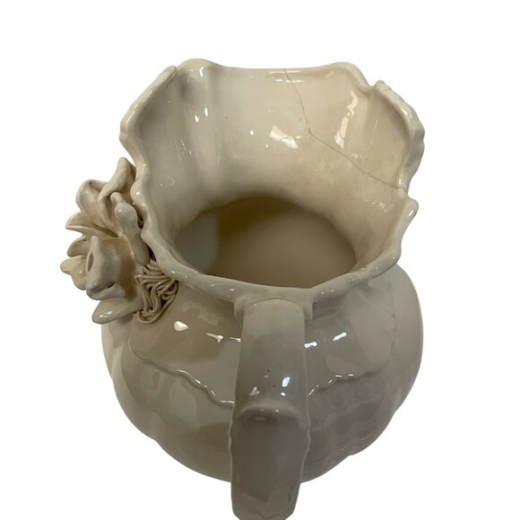Vintage Ivory Ceramic Pitcher With Floral Accent Ornate Handle 8" x 8" Read - Picture 3 of 15